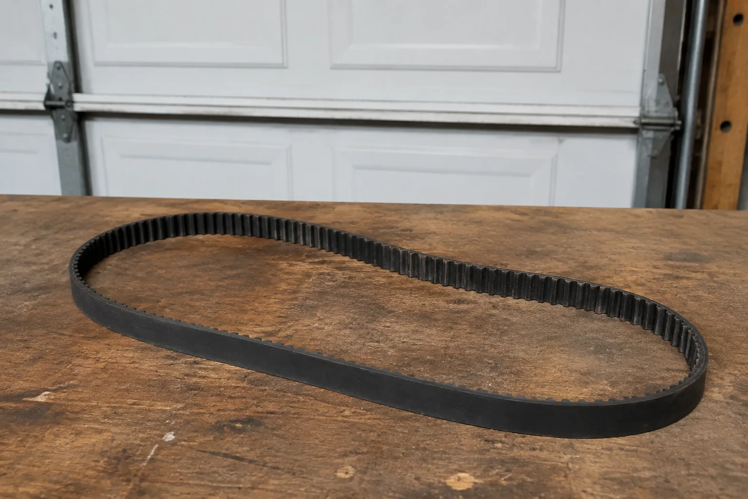 Detached black toothed belt on a garage workbench.
