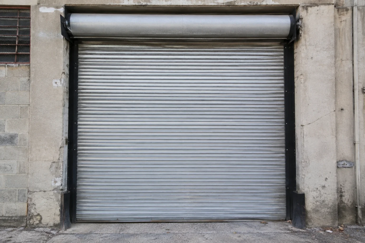 Closed metal rolling shutter in a weathered warehouse opening.