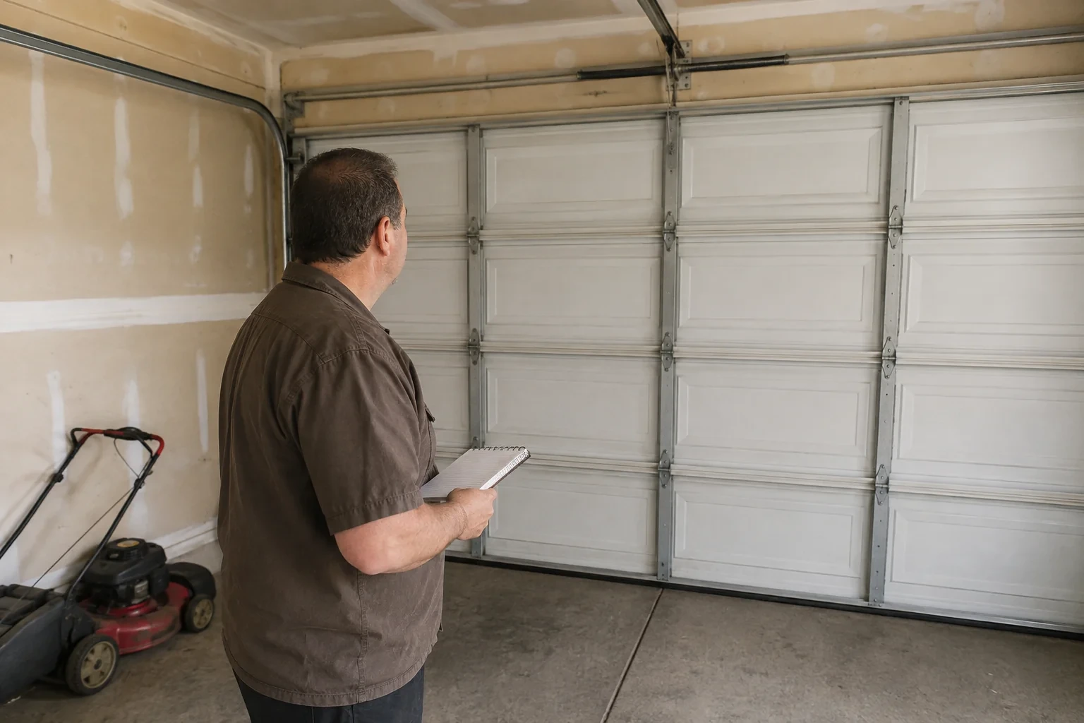 Technician holding a notebook while looking at a closed sectional door.