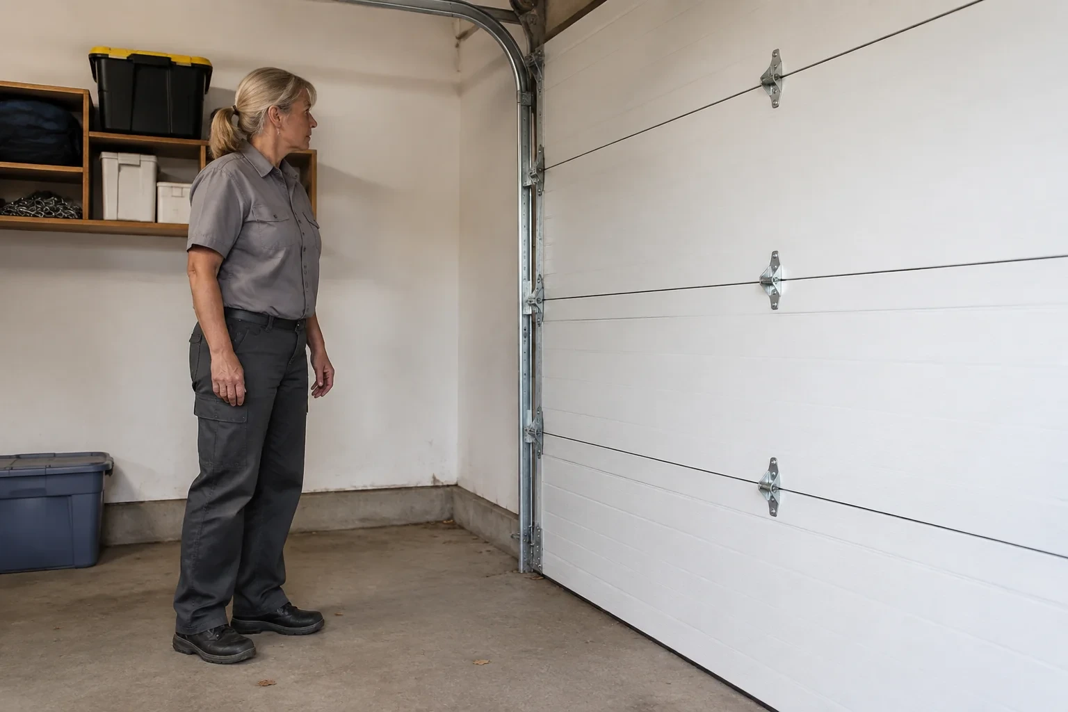 Technician standing beside the track of a closed sectional garage door.