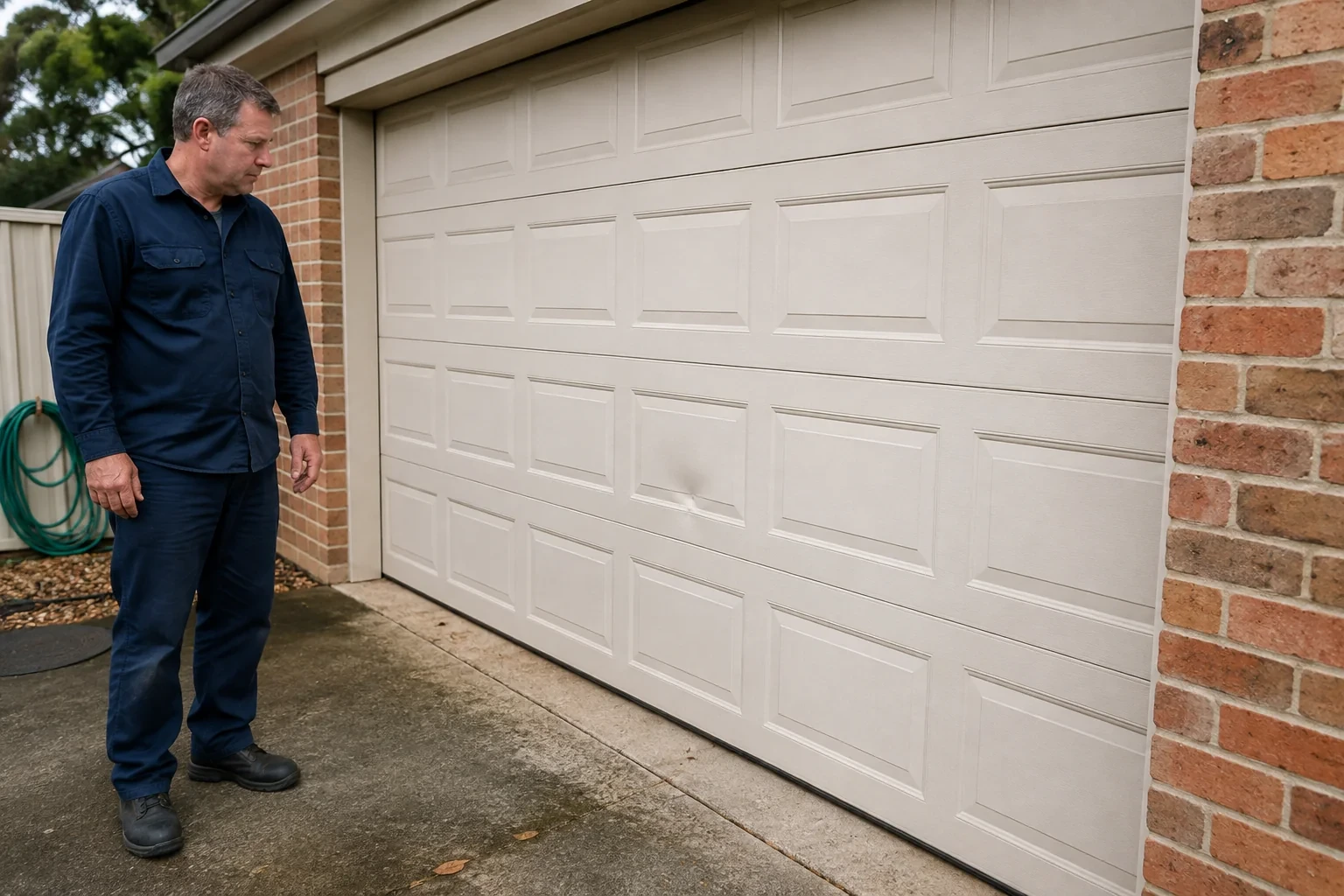 Technician looking at a shallow dent in a closed cream sectional garage door.