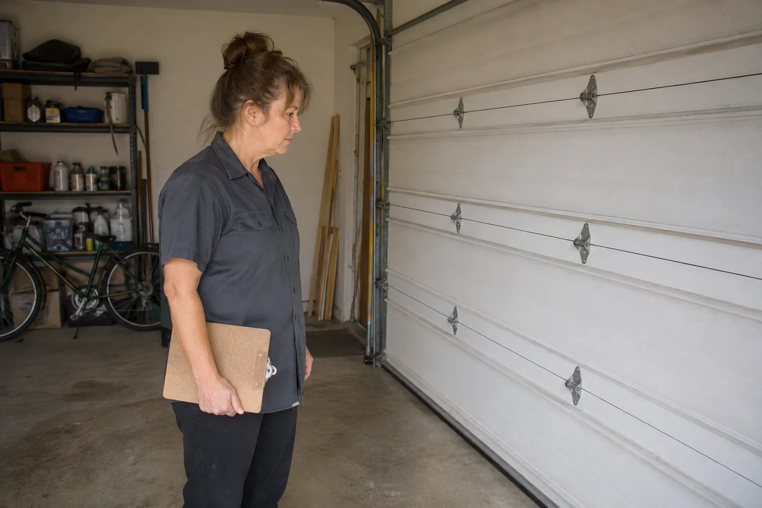 Technician with a clipboard beside a closed sectional garage door in an ordinary garage.
