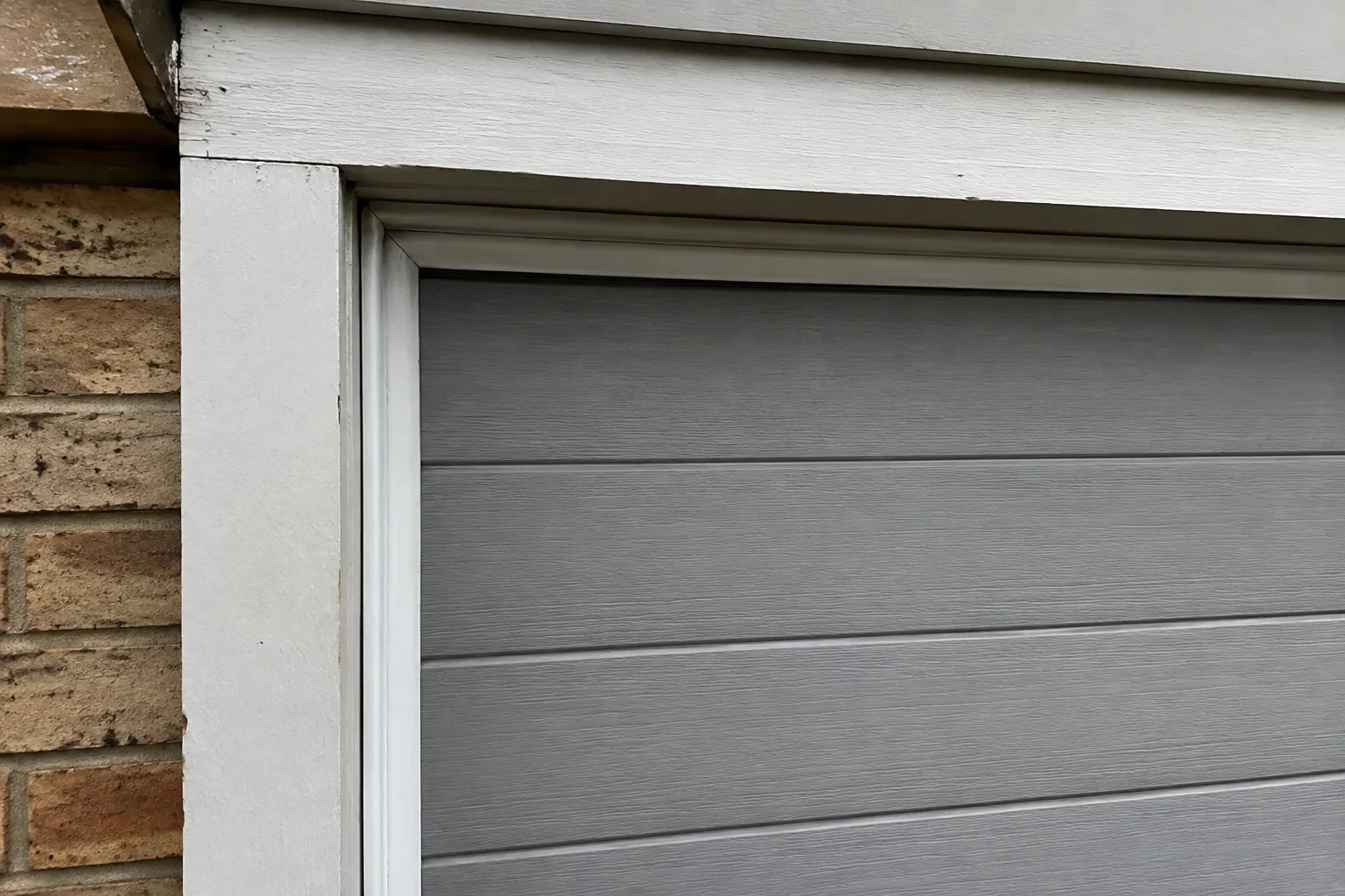 White perimeter trim at the corner of a closed grey sectional garage door.