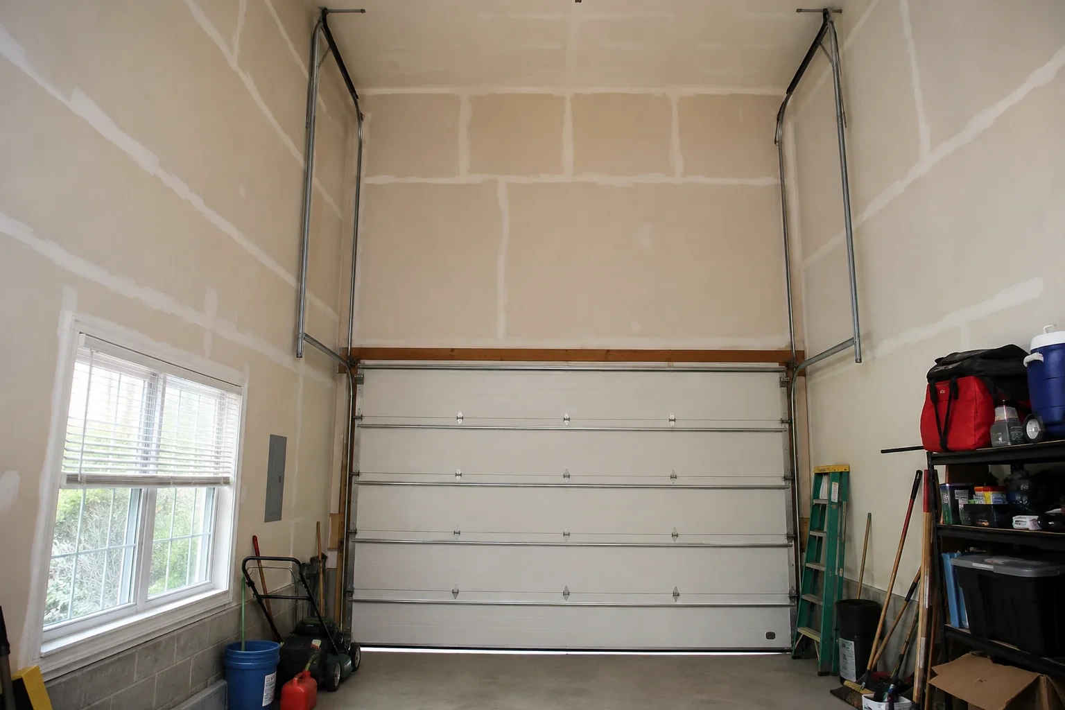 Tall garage interior with a sectional door and tracks extending into overhead space.